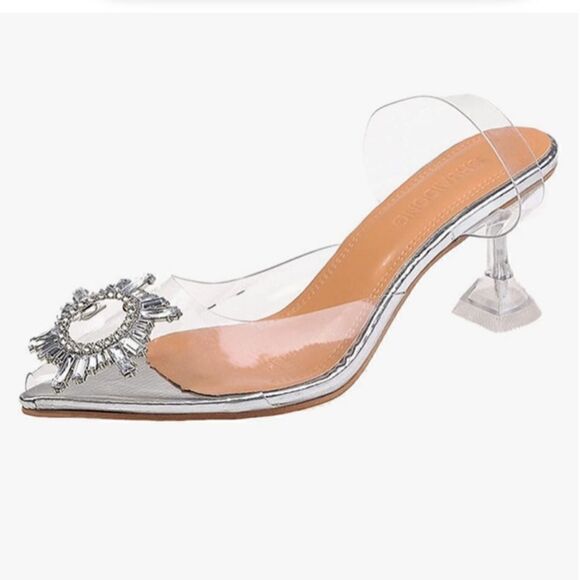 Vinyl Clear Silver Rhinestone Pointed Toe Kitten Heel Slingback Sandals Shoes - Picture 1 of 13
